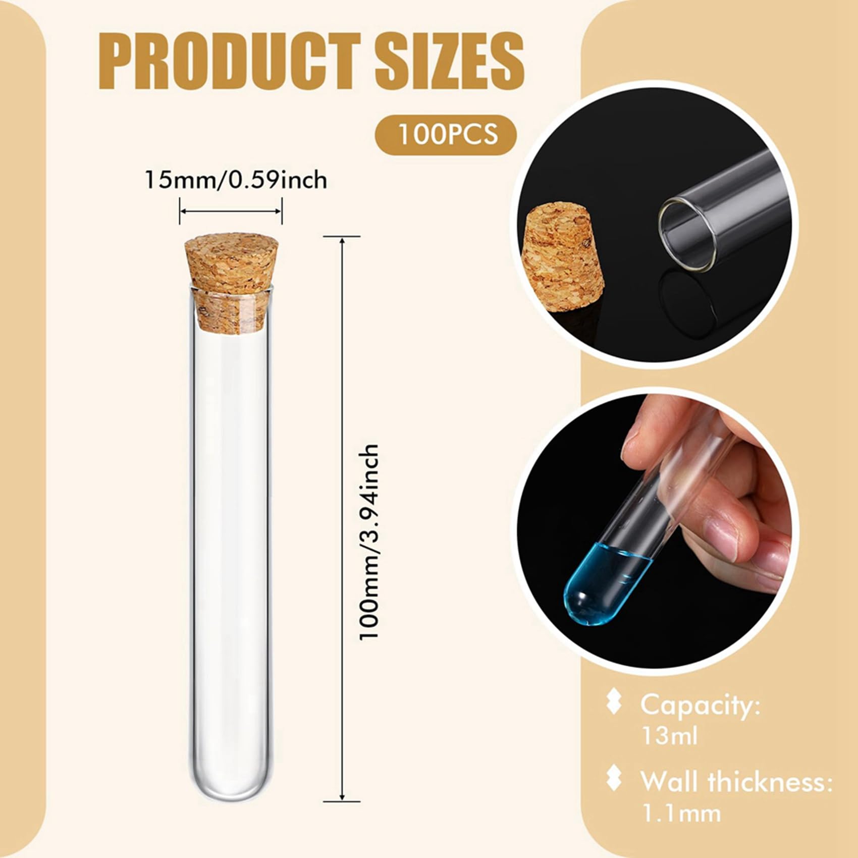 200 Tubos de Ensayo de Vidrio con Tapones Transparentes de Corcho, Contenedor de Tubos de Tampones de Alcohol para Prueba de Laboratorio de Fondo Redondo (15X100 Mm/13 Ml)