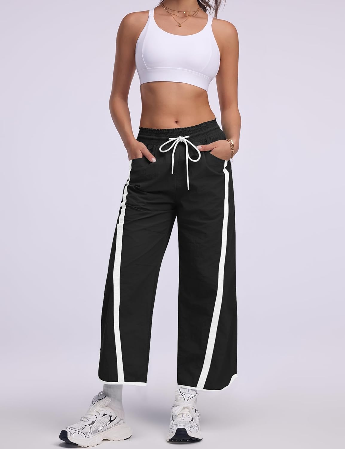 LOMON Womens Baggy Wide Leg Pants 2026 Lightweight Drawstring Contrast Color Elastic Waisted Y2K Track Pants with Pockets - Image 3