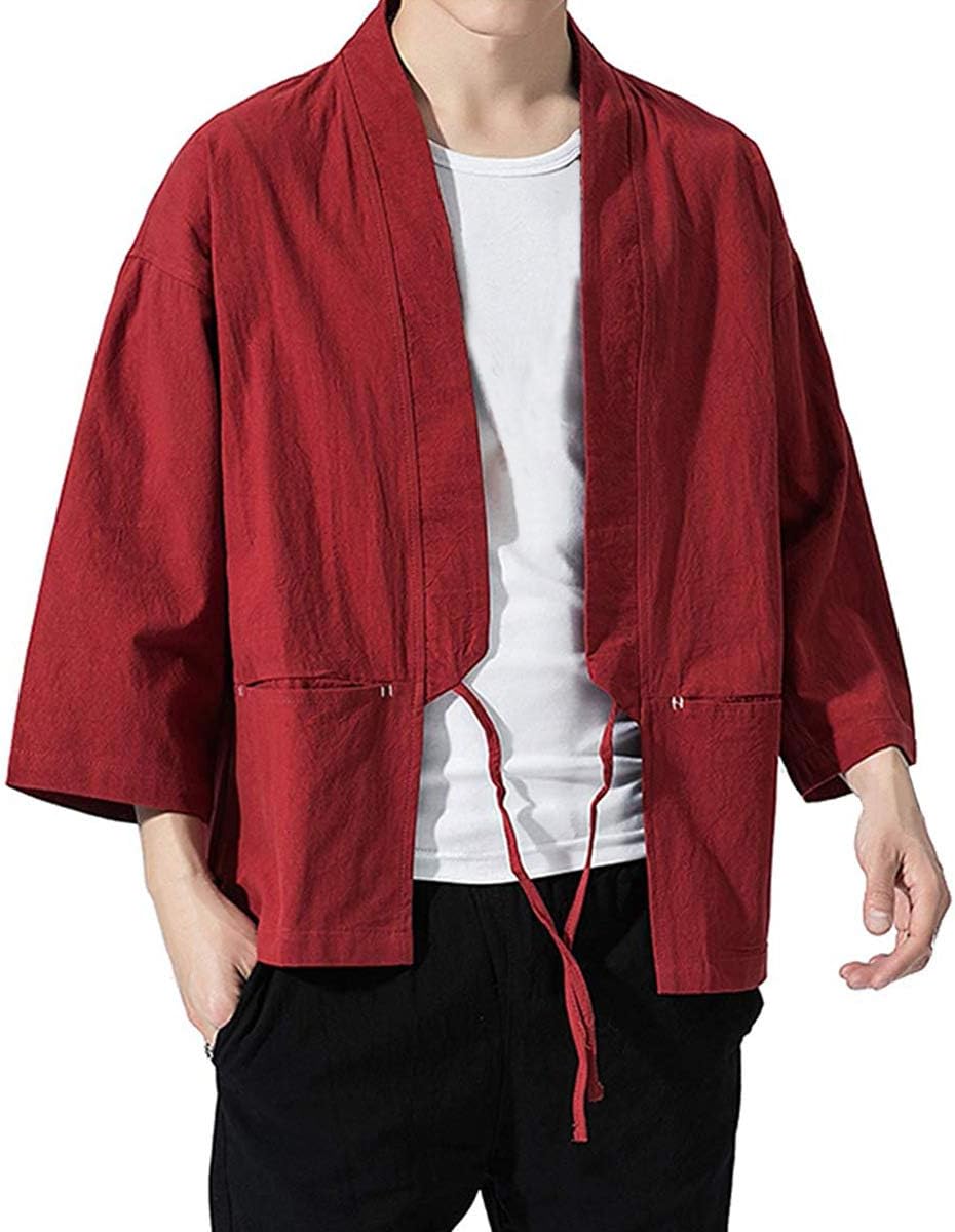 Haseil Men's Kimono Cardigan Japanese Jackets Casual Cotton 3/4 Sleeve Shirt Open Front Coat Lightweight Linen Outwear - Image 4