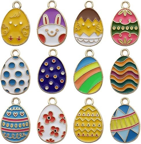 48 dijes de Pascua de aleación esmaltada de huevo de Pascua para bricolaje, collares, pulseras, aretes, joyería, 24 estilos, Acero aleado, No es una