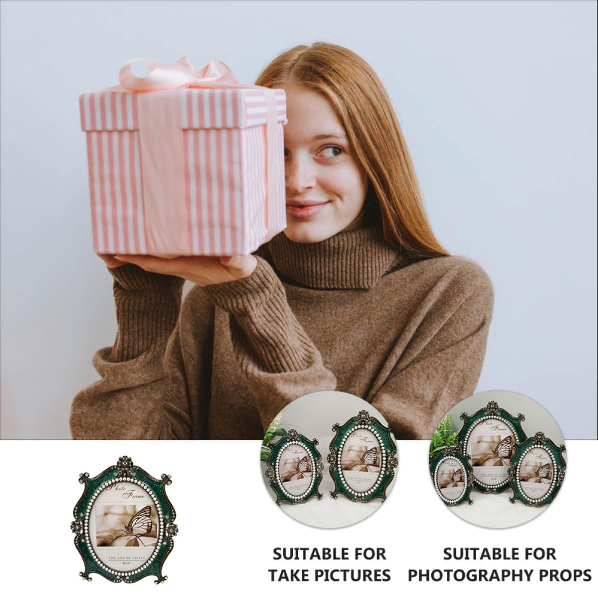SECFOU Marco de y Soporte para Almacenamiento de Rectangular Vintage Verde de Metal Portafotos Elegante para de Bodas y Hogar