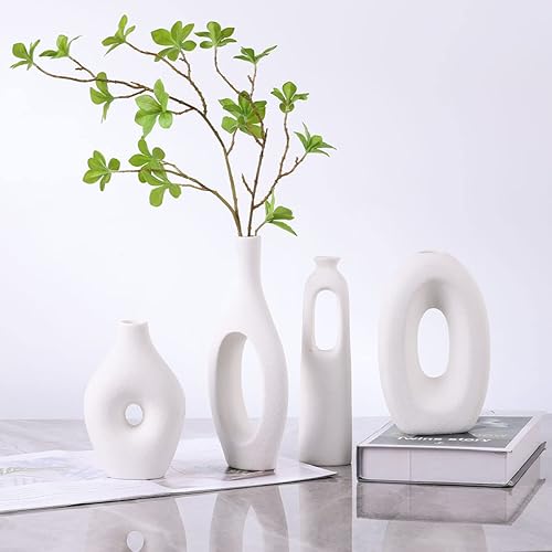 Miniatura 4 de Juego de 4 jarrones de cerámica blanca, jarrones redondos y huecos bohemios para decoración de hierba y flores de las pampas, jarrones pequeños