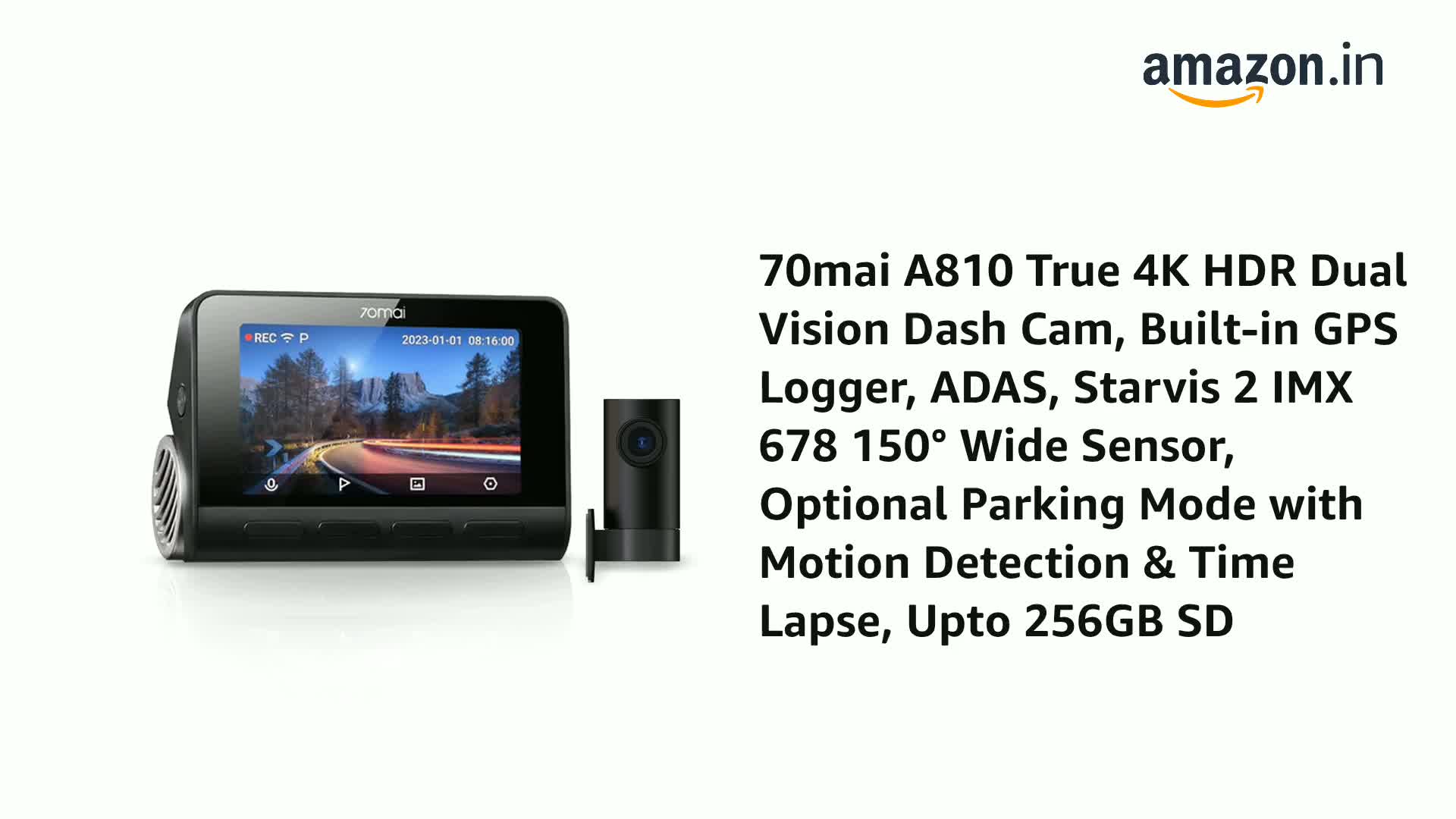 70mai A810 True 4K HDR Dual Dash Cam, Built-in GPS Logger, ADAS