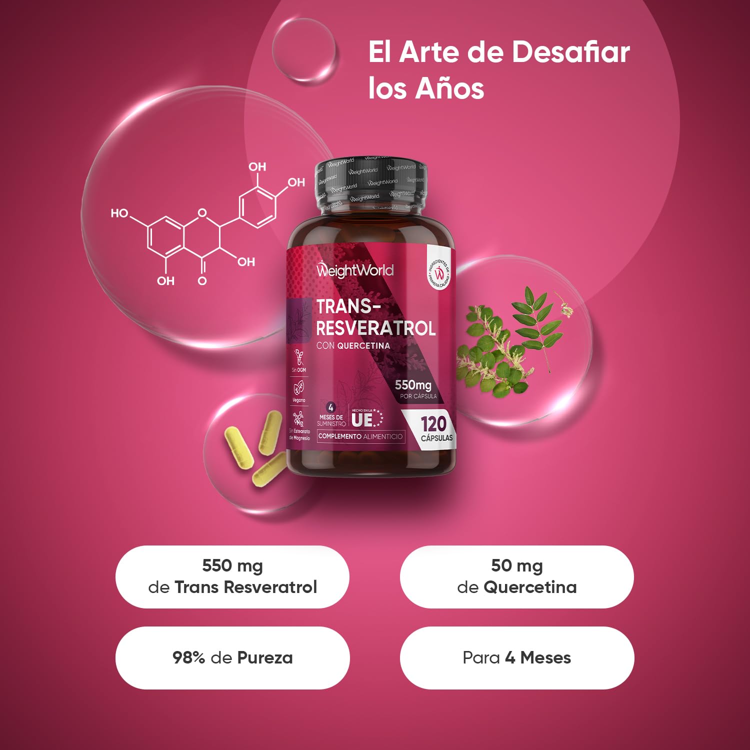 Trans Resveratrol con Quercetina 550mg - 120 Cápsulas de un 98% de Knotweed Japonés y Sophora Japonica - 4 Meses de Suministro - Apto para Veganos