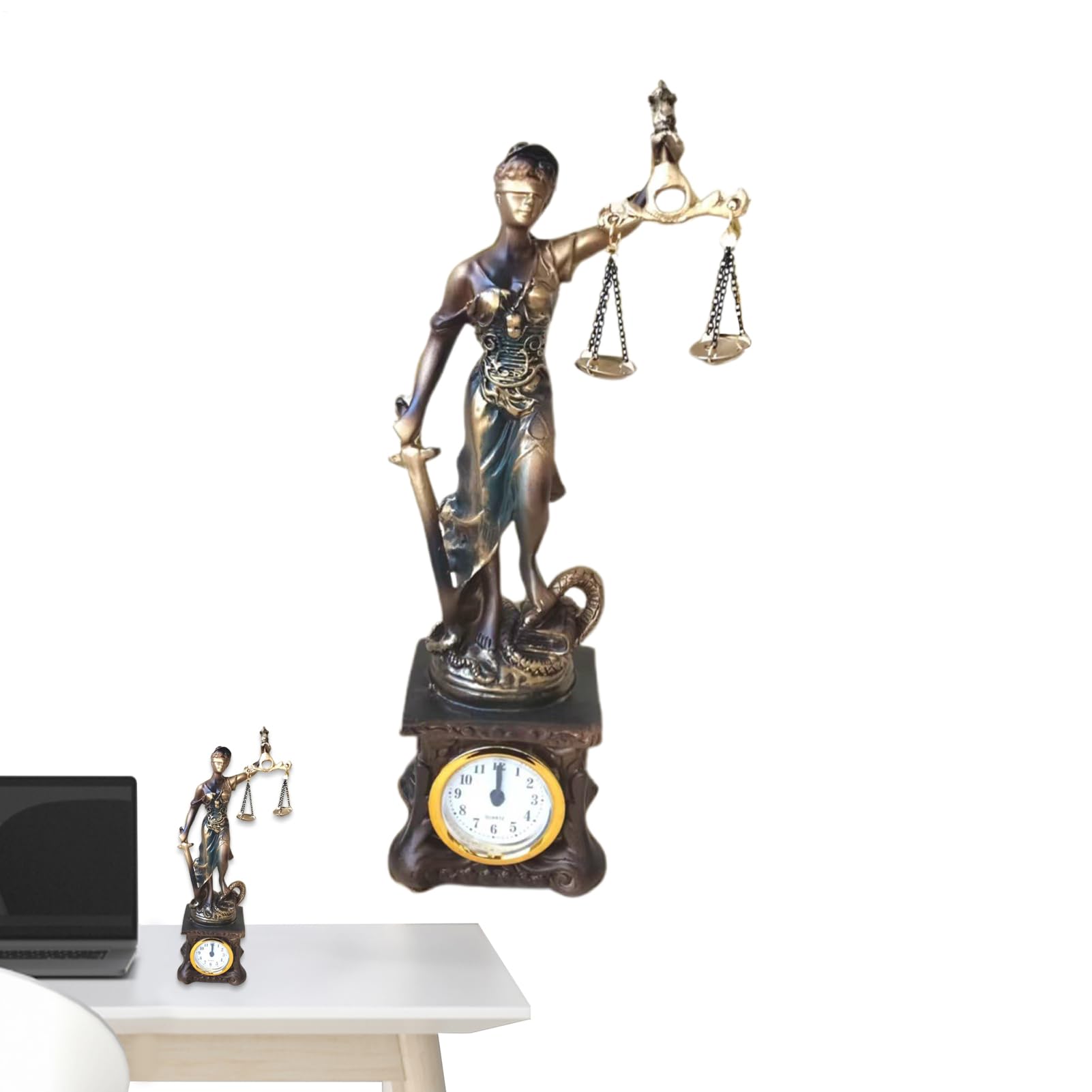 Statue de la Justice avec horloge en résine pour décoration de bureau classique et élégante
