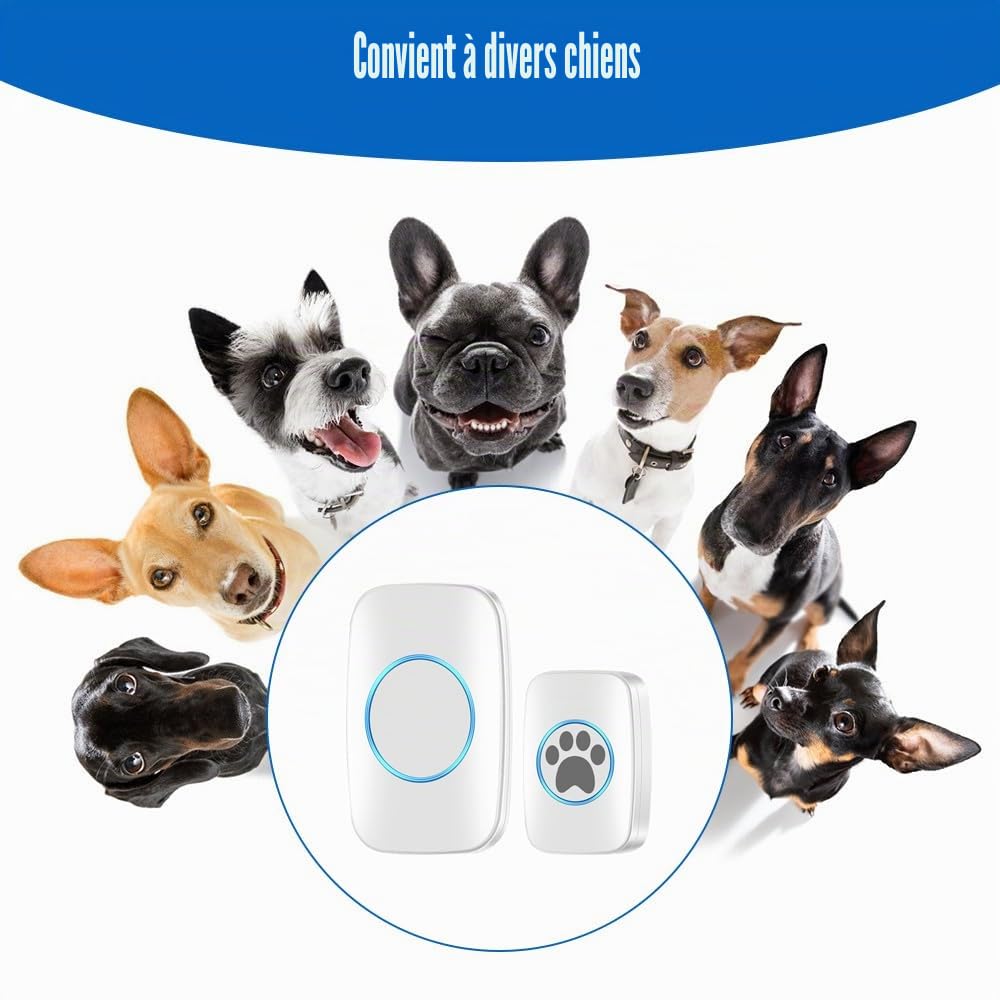 DONGKER Sonnette sans Fil pour l'entraînement des Animaux de Compagnie, Sonnette sans Fil pour Chiens et Chats, étanche IP44, avec 60 sonneries et 5 Niveaux de Volume réglables pour Chiens et Chats