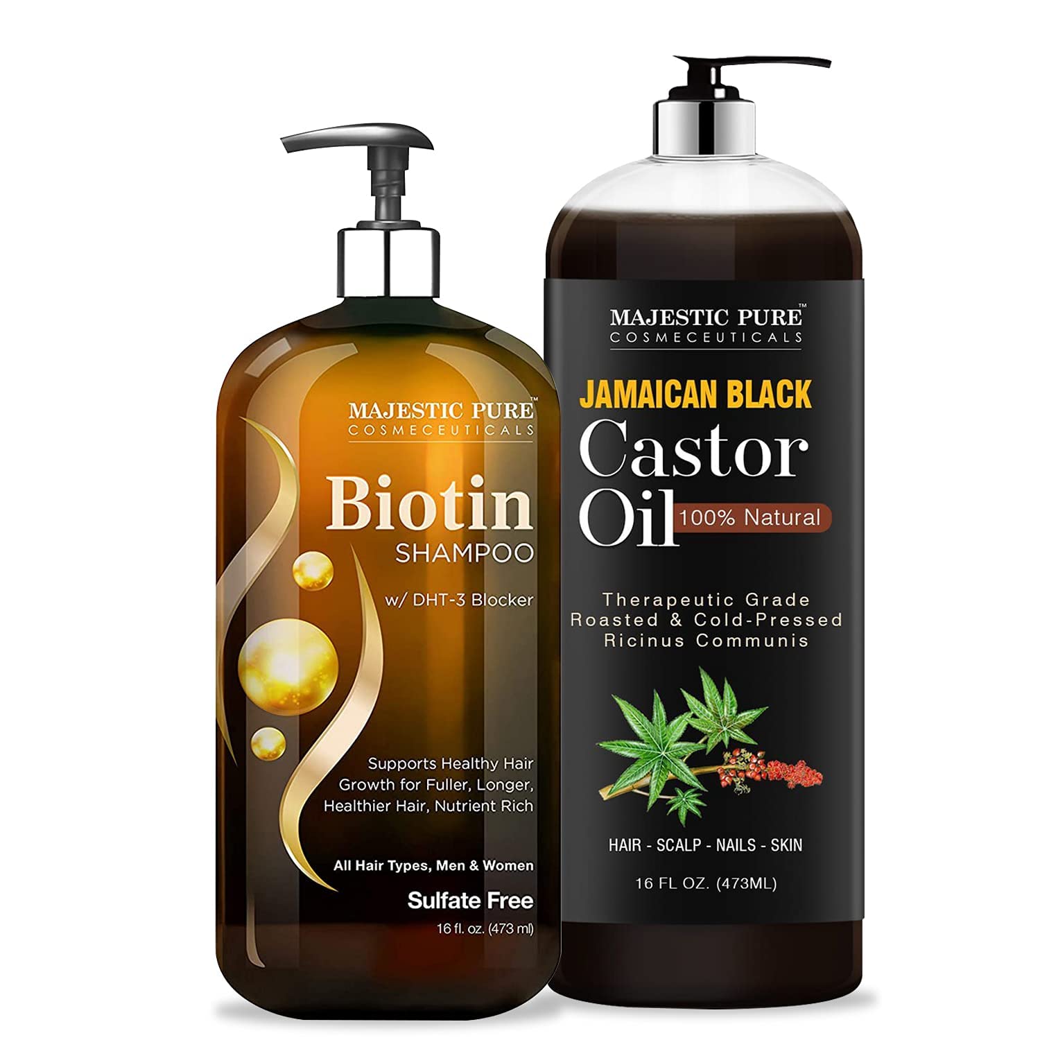 Majestic Pure Jamaican Black Castor Oil (16 oz) and Biotin Shampoo with DHT-3 Blocker (16 oz) Bundle