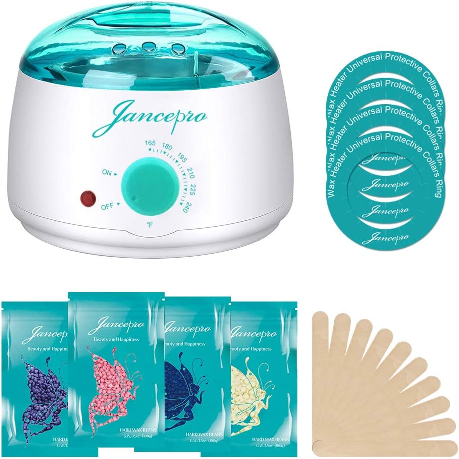 Wax Heater, Jancepro Electric Hair Removal Waxing Kit with 4 Packs of Hard Wax Beans and 10 Wax Wooden Spatulas for Women and Men (DIY Waxing at Home)