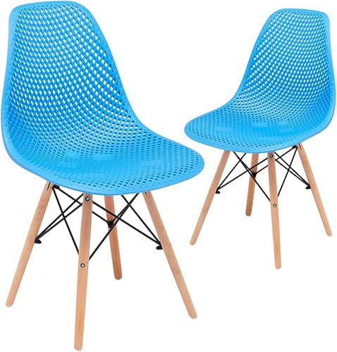 CangLong Dining Mid Century - Silla lateral sin brazos de plástico con respaldo hueco moderno con patas de madera de haya, juego de 2, color azul 1