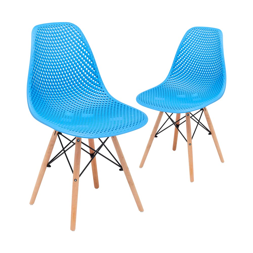 CangLong Dining Mid Century Modern Hollow Back Design Plastic Shell Armless Side Chair with Beech Wood Legs, Set of 2, Blue 1