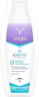 – Vagisil Sensitive Intimate Wash for Women, Gently Cleanses Sensitive Skin, pH Balanced, Soap Free Dye Free & Fragrance Free, 250ml