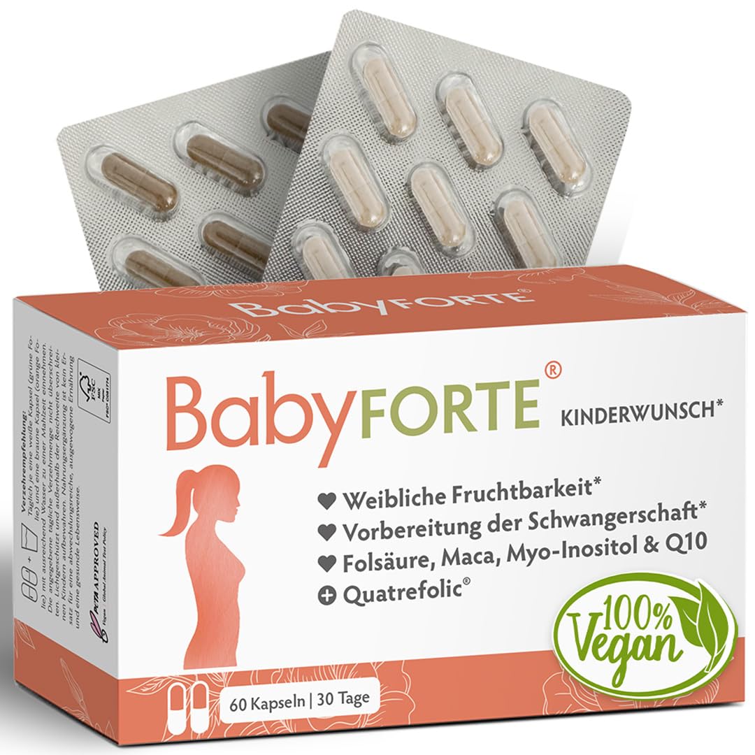 BabyFORTE Kinderwunsch Vitamine ohne Jod - vegan- Quatrefolic, Folsäure 800, Maca, Inositol - 60 Kapseln - Vitamine Schwangerschaft ohne Jod