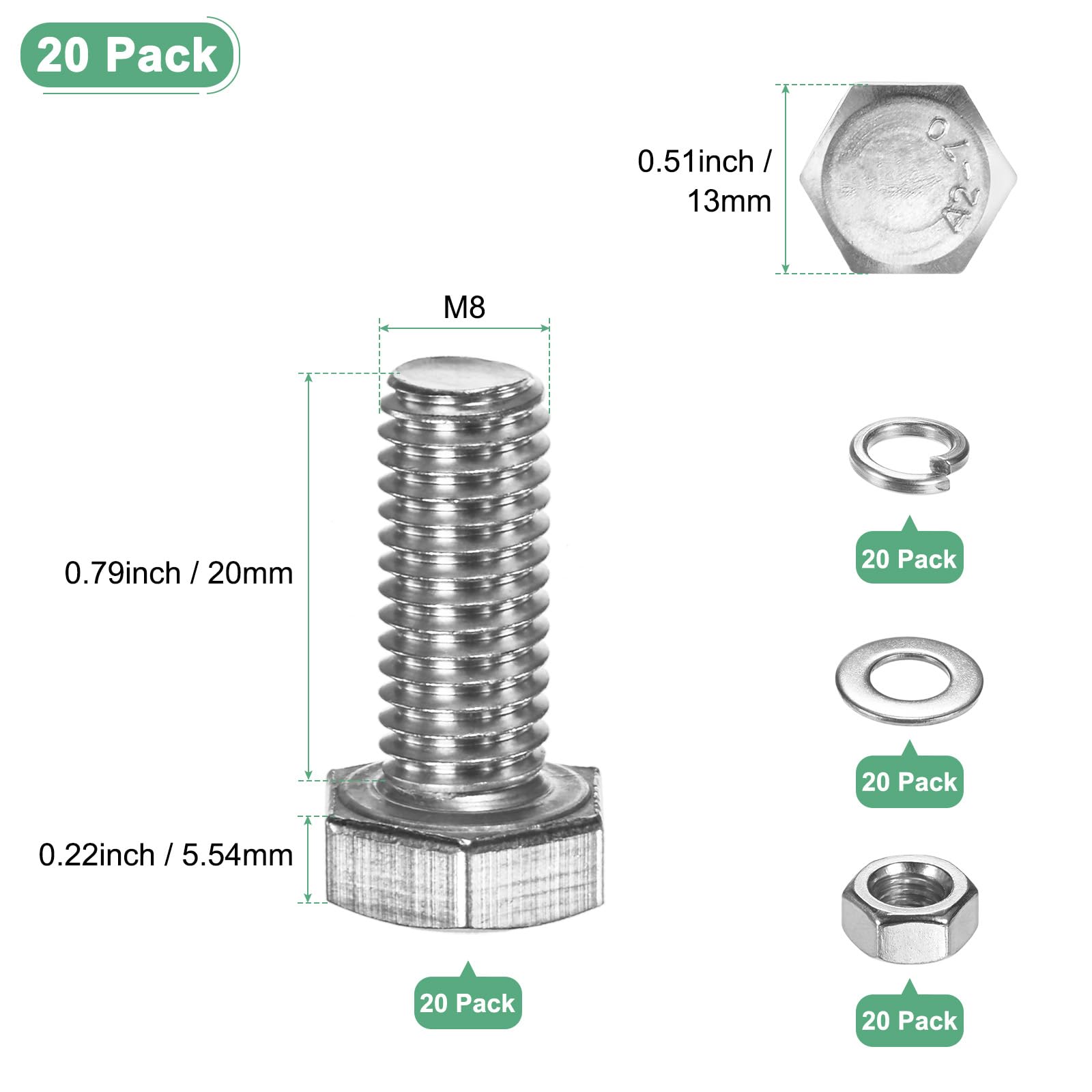M METERXITY 20-Pack Hex Head Screw Bolt with Nuts Flat & Lock Washers M8x20mm Stainless Steel Bolts and Nuts Kit Fully Threaded Metric Bolt Assortment for Equipment/Machinery - Image 3