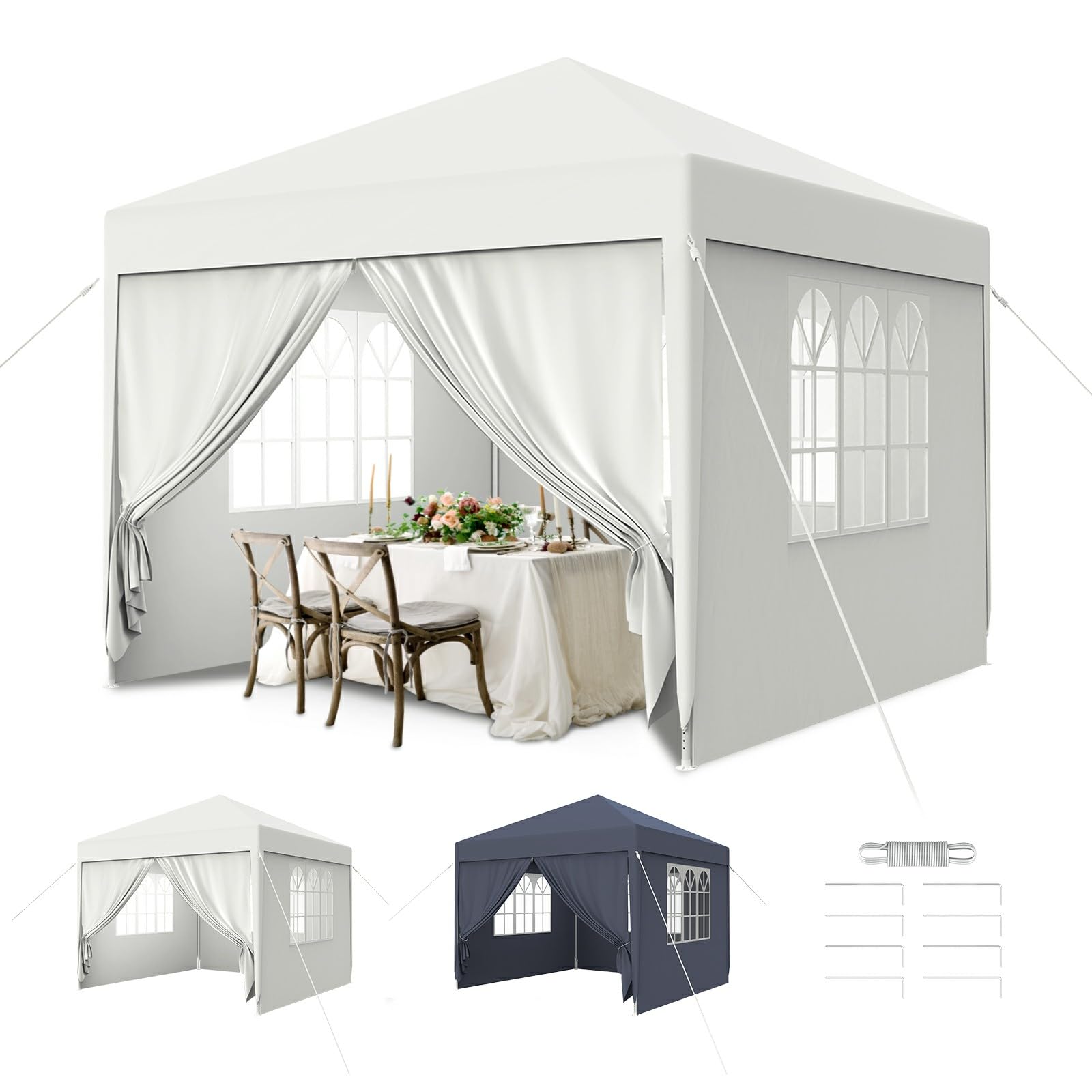 Tonnelle de Jardin 3x3M,Tente Réception,Tente de Campingavec Fenêtres、Parois Latérales，Imperméable,Anti UV，Résistant au Vent Auvent,Barnum pour Camping Festival Plage,Blanc