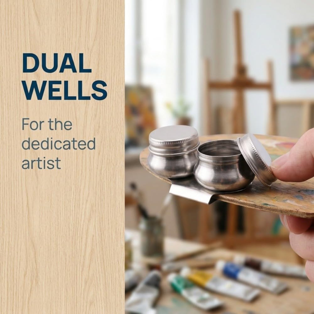 Stainless Steel Double Palette Cup, Oil Paint Solvent Container with Screw Lid and Clip, 3.7 in, Silver for Oil & Acrylic Artists