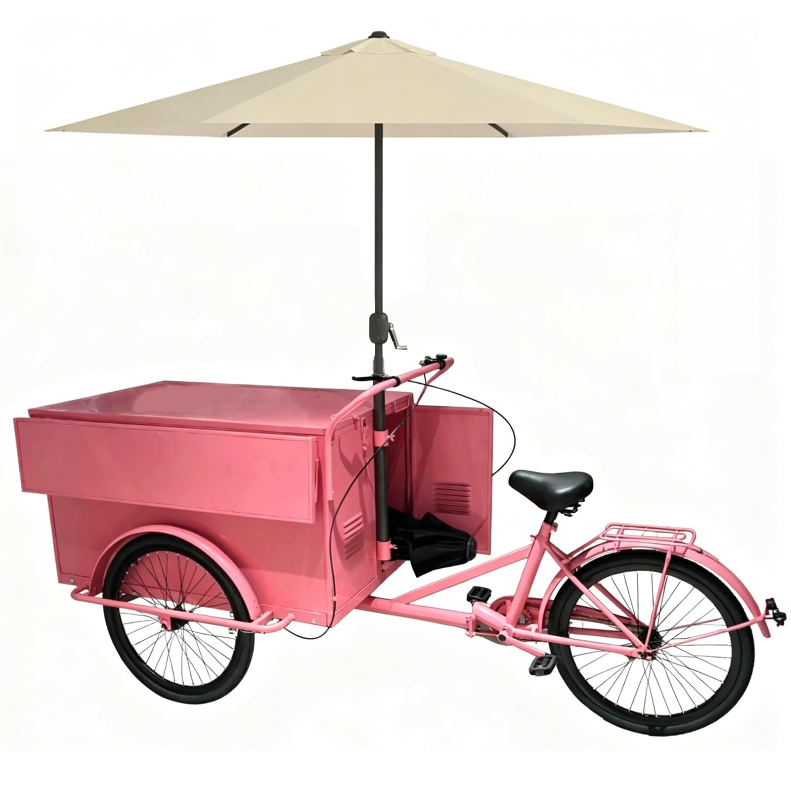 Carrito Móvil de Venta de Alimentos Bicicleta Expendedora con Sombrilla, Puesto Portátil para Mercados Agricultores, Ideal para Vender Bebidas, Pan y Diversos Aperitivos(Pink)