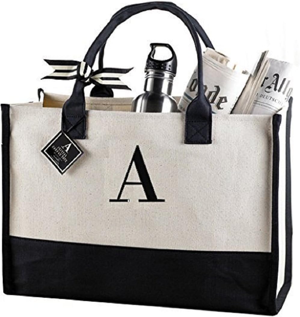 Mud Pie Classic Black and White Initial Canvas Tote Bags (A), 100% Cotton, 17" x 19" x 2"