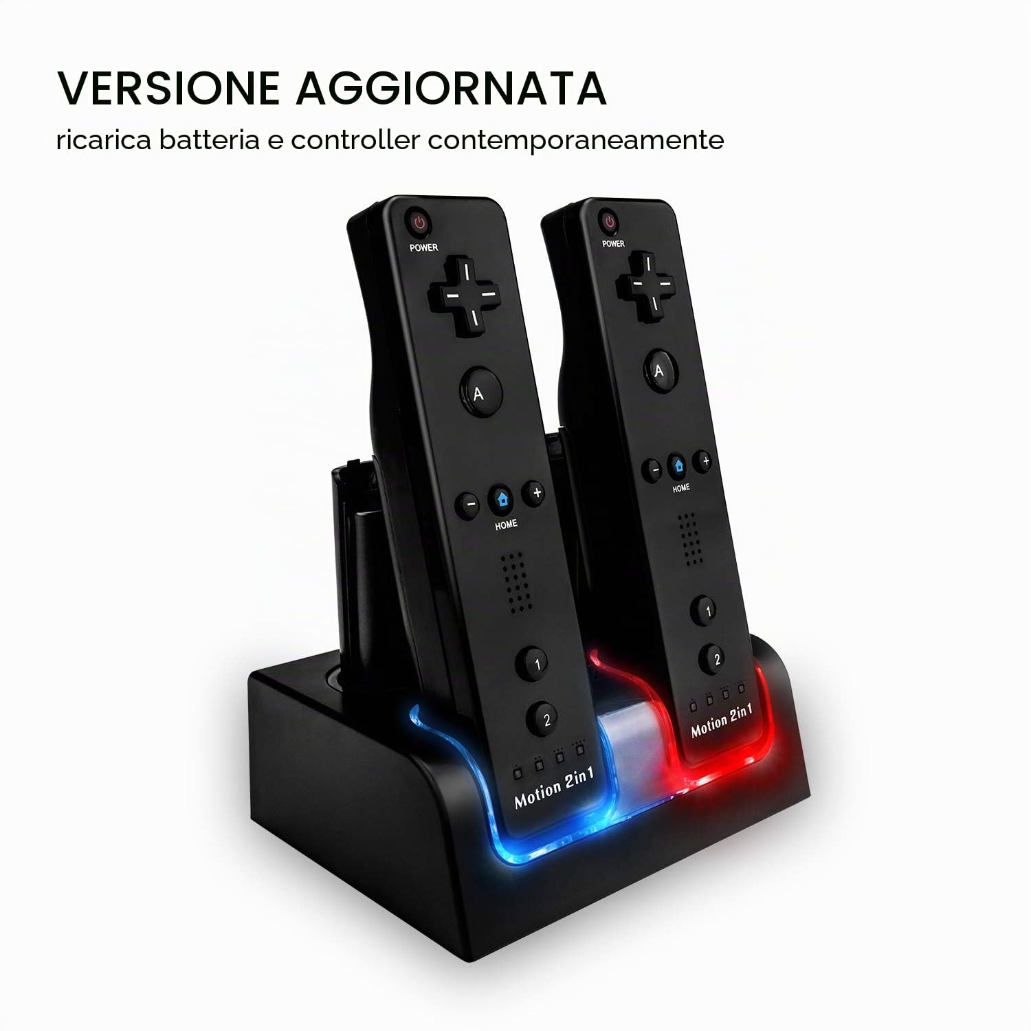 TechKen Wii Controller Charger, Stazione di Ricarica per 2 Telecomandi Wii e 2 Akkus Wii Wiimote Stazione di Ricarica con 4 Batterie da 2800MAH (Black)