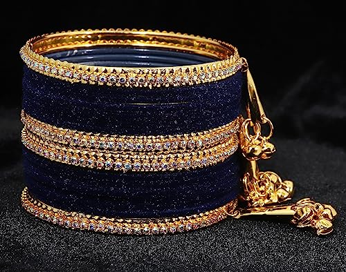 Image of NMII Metal with Zircon Gemstone and Velvet Studded Bells Latkan Bangles Set For Girls and Women I Latkan Bangles, Premium Bangle Bracelet Set I Pack of 16 Bangles