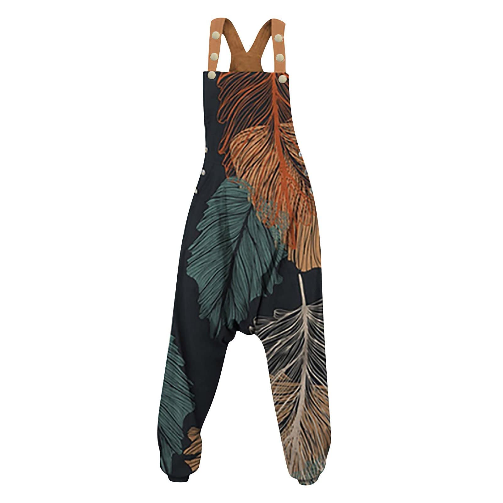 Jumpsuits for Women Sleeveless Harem Jumpsuit Vintage Overall Adjustable  Straps Overalls Loose Fit Long Pant Rompers Printed Jumpsuits Artistic  Casual
