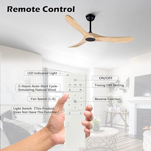 Miniatura 4 de Bigzone Ventiladores de techo de 52 pulgadas para exterioresinteriores sin luces, motor de CC de ahorro de energía, 3 cuchillas de madera maciza,