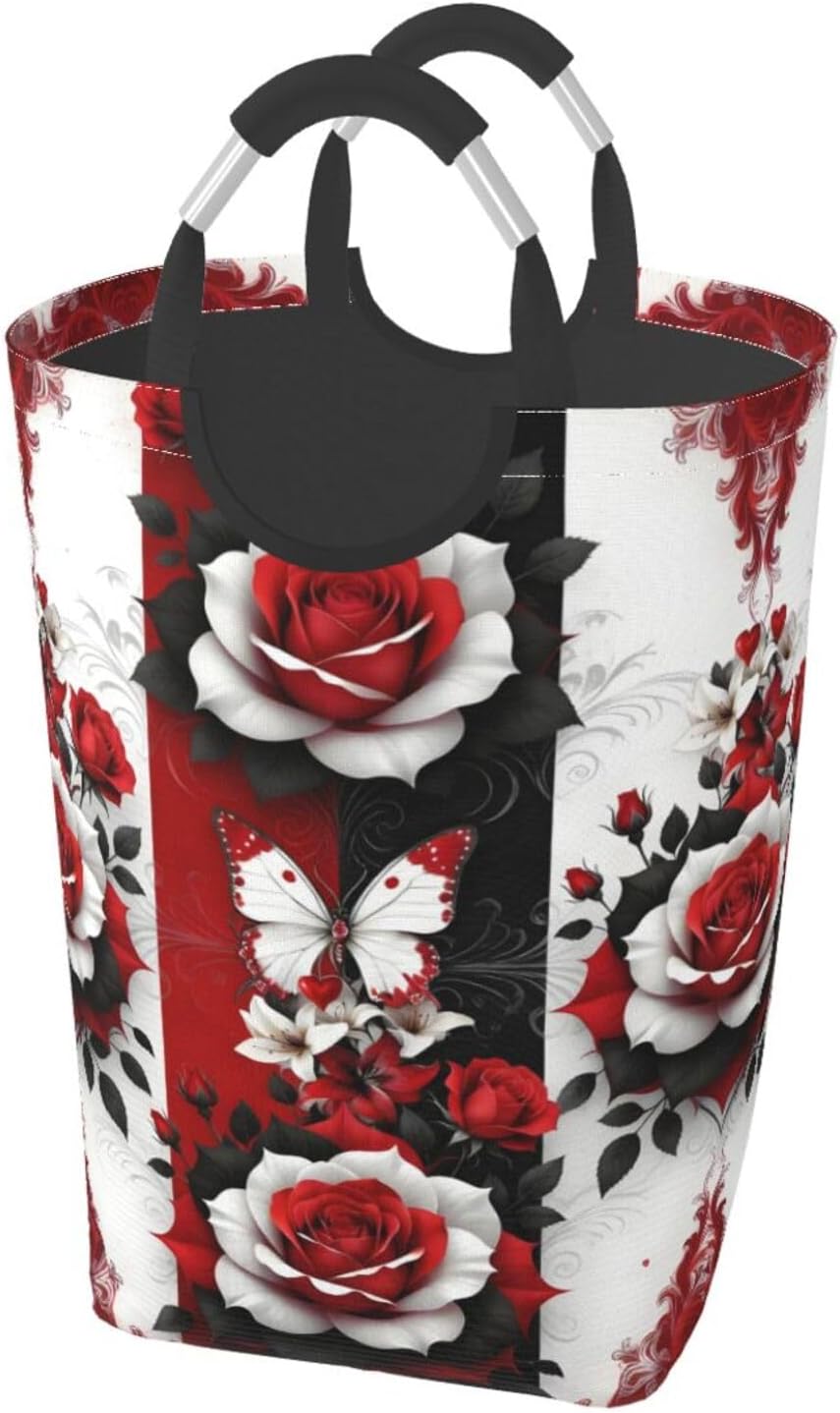 Scarlet Bloom & Butterfly Foldable Dirty Laundry Bag, Waterproof Oxford Fabric With Pe Board Base, 50l Capacity For Home & Travel