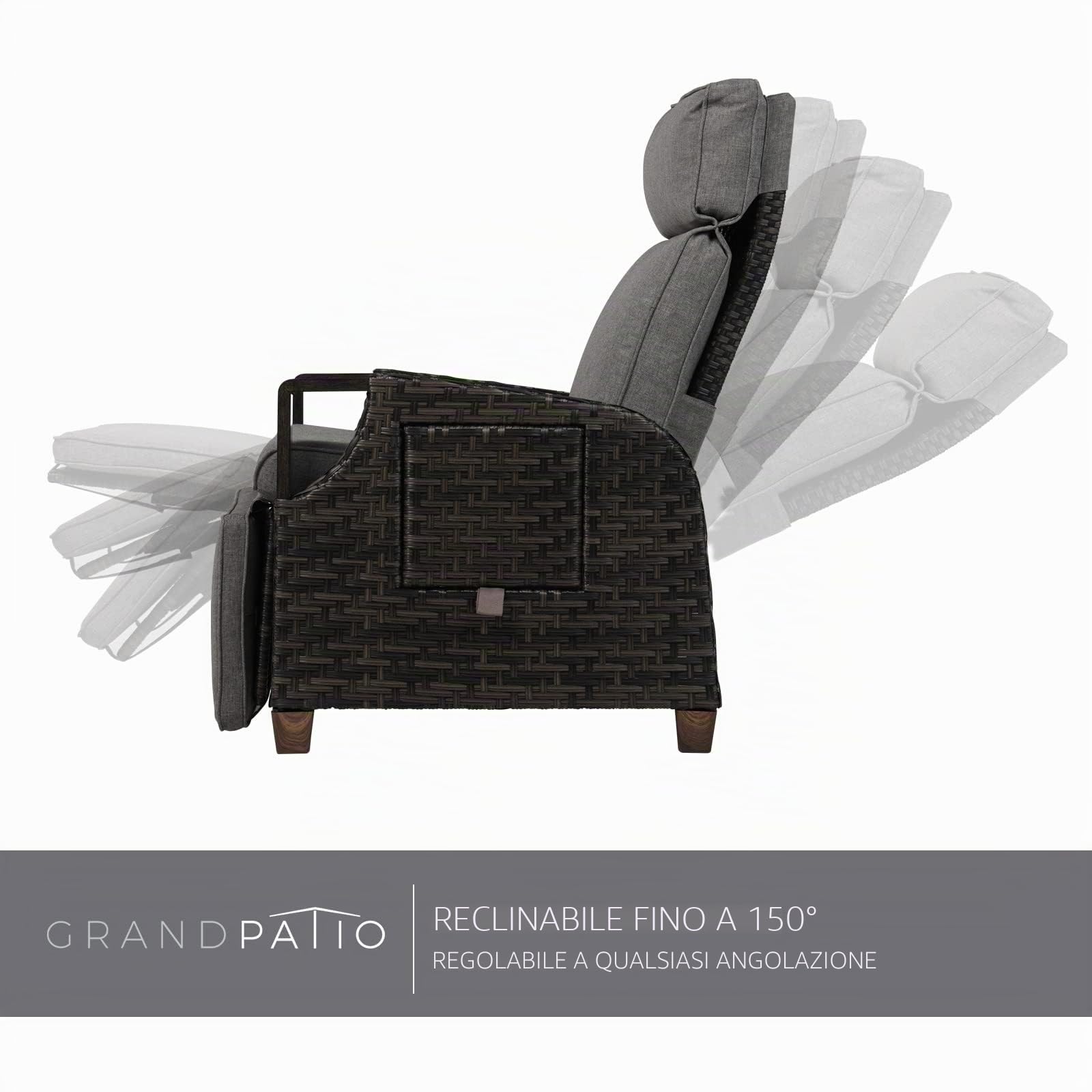 Grand patio Sedia a sdraio con cuscino, schienale regolabile, in rattan, per interni, uso esterno (vimini marrone chiaro, cuscino beige) (Regolazione indipendente, Grigio scuro)