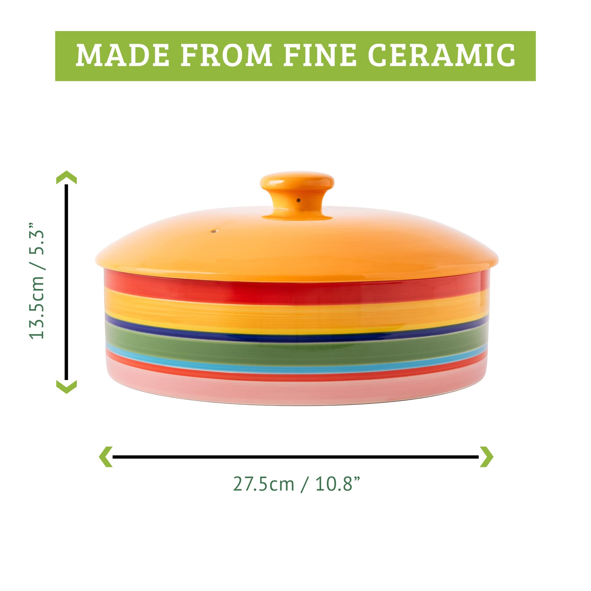 Tortilla Warmer – Wärmebehälter – Tortilla Warmhalter aus Keramik – Tortilla Wärmer - Backofen- und Mikrowellengeeignet - Geeignet als Rotibox und Tortilla Halter (Regenbogen, 25,4 cm)