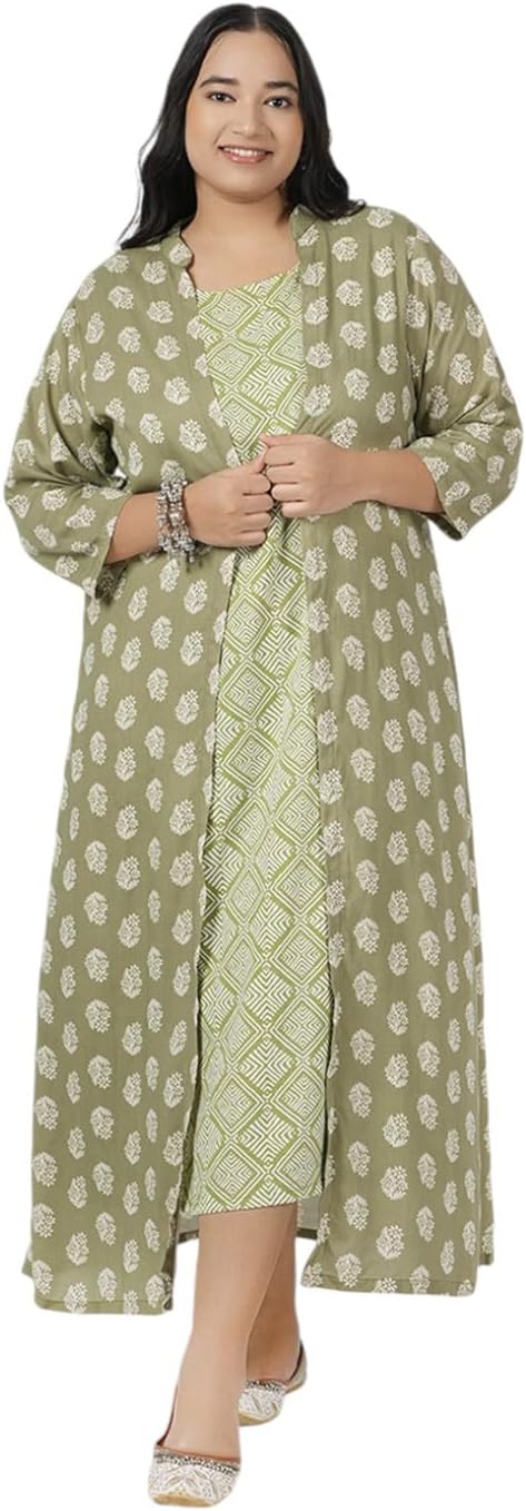 Lastinch Women's Green Printed Jacket Maxi Dress | Casual Dress | Regular Fit Dresses for Women | Plus Size XXS to 8XL