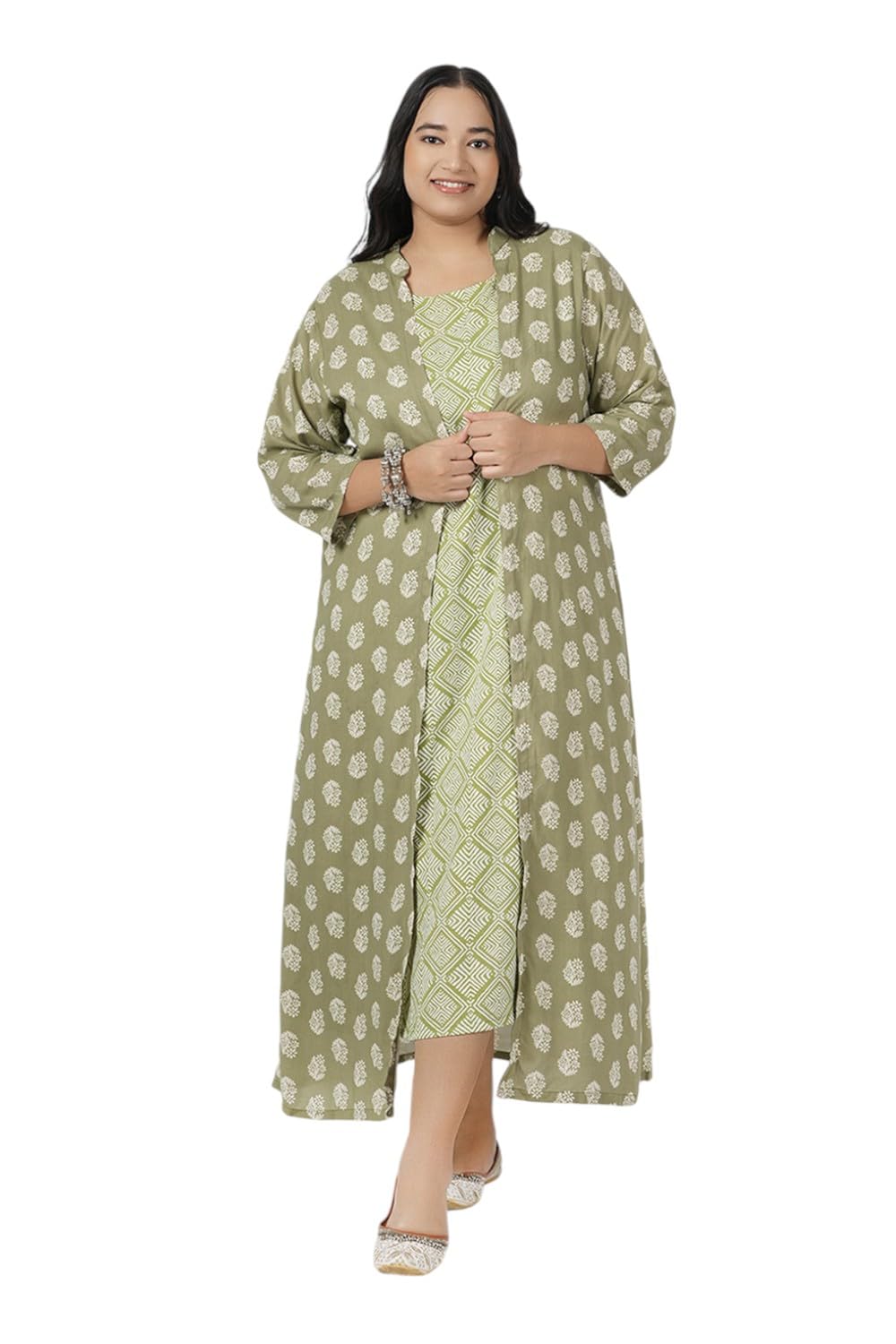 Lastinch Women's Green Printed Jacket Maxi Dress | Casual Dress | Regular Fit Dresses for Women | Plus Size XXS to 8XL