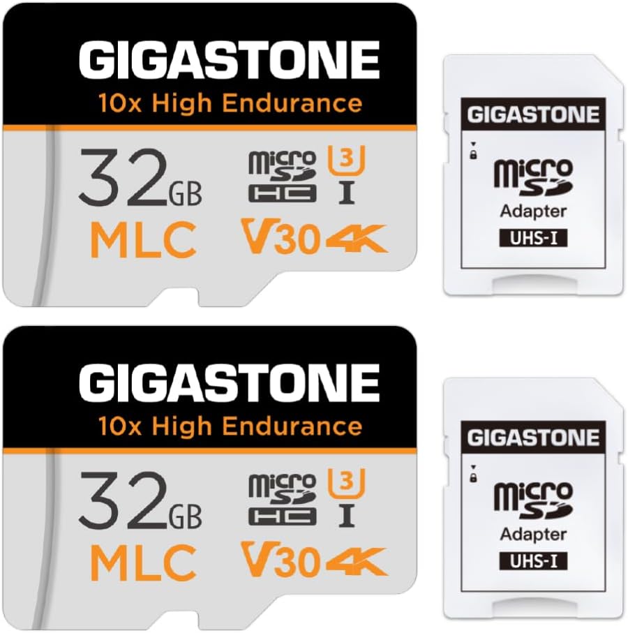[10x High Endurance] GIGASTONE Industrial 32GB 2-Pack MLC Micro SD Card, 4K Video Recording, Security Cam, Dash Cam, Surveillance Compatible 95MB/s, U3 C10, with Adapter [5-Yrs Free Data Recovery]