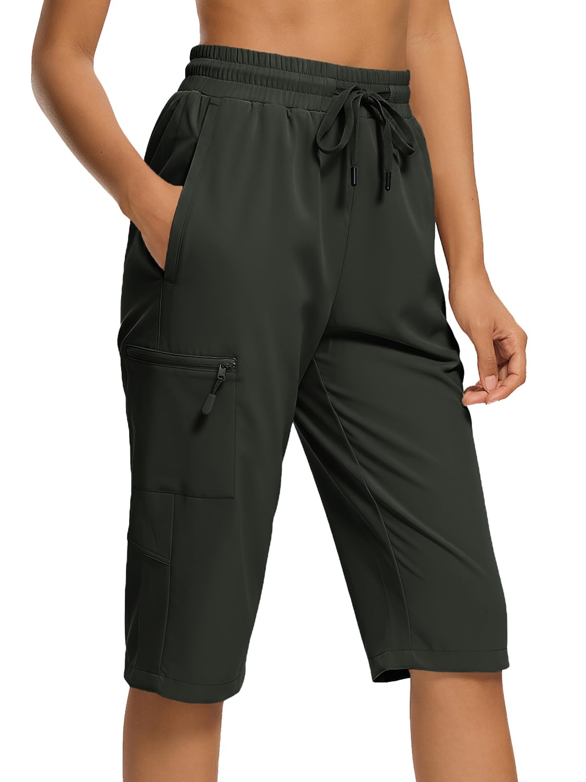 DEVOROPA Women's Hiking Long Shorts Knee Length Lightweight Quick Dry Cargo Athletic Bermuda Beach Shorts with Zipper Pockets, Army Green, XL