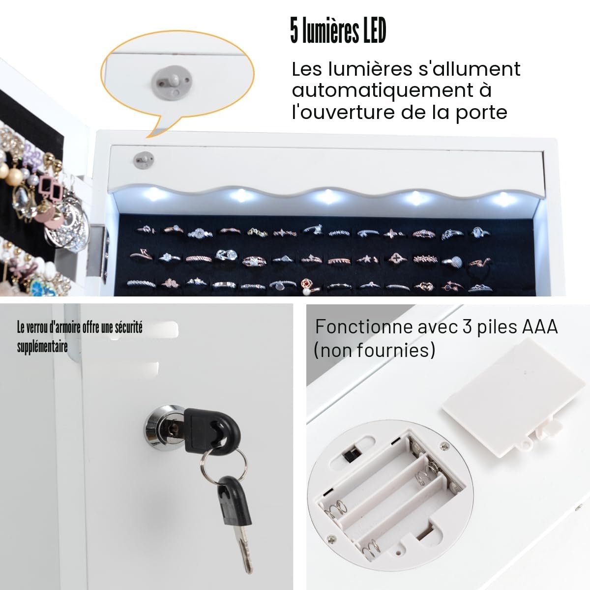 HOMASIS Armoire à bijoux avec éclairage LED, armoire à bijoux avec 6 tiroirs et miroir, armoire à bijoux pour montage mural et porte, verrouillable, 36,5 x 11,5 x 120 cm