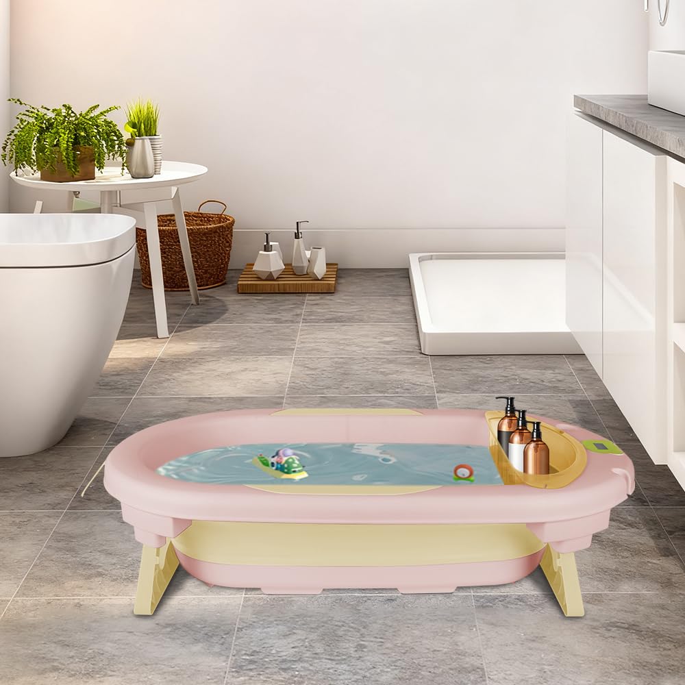 OHMG Bañera plegable para bebé, bañera de bebe con termómetro y cojín de baño, reductor antideslizante para bebé, bañera portátil para bebé de 0 a 3 años, ergonómico