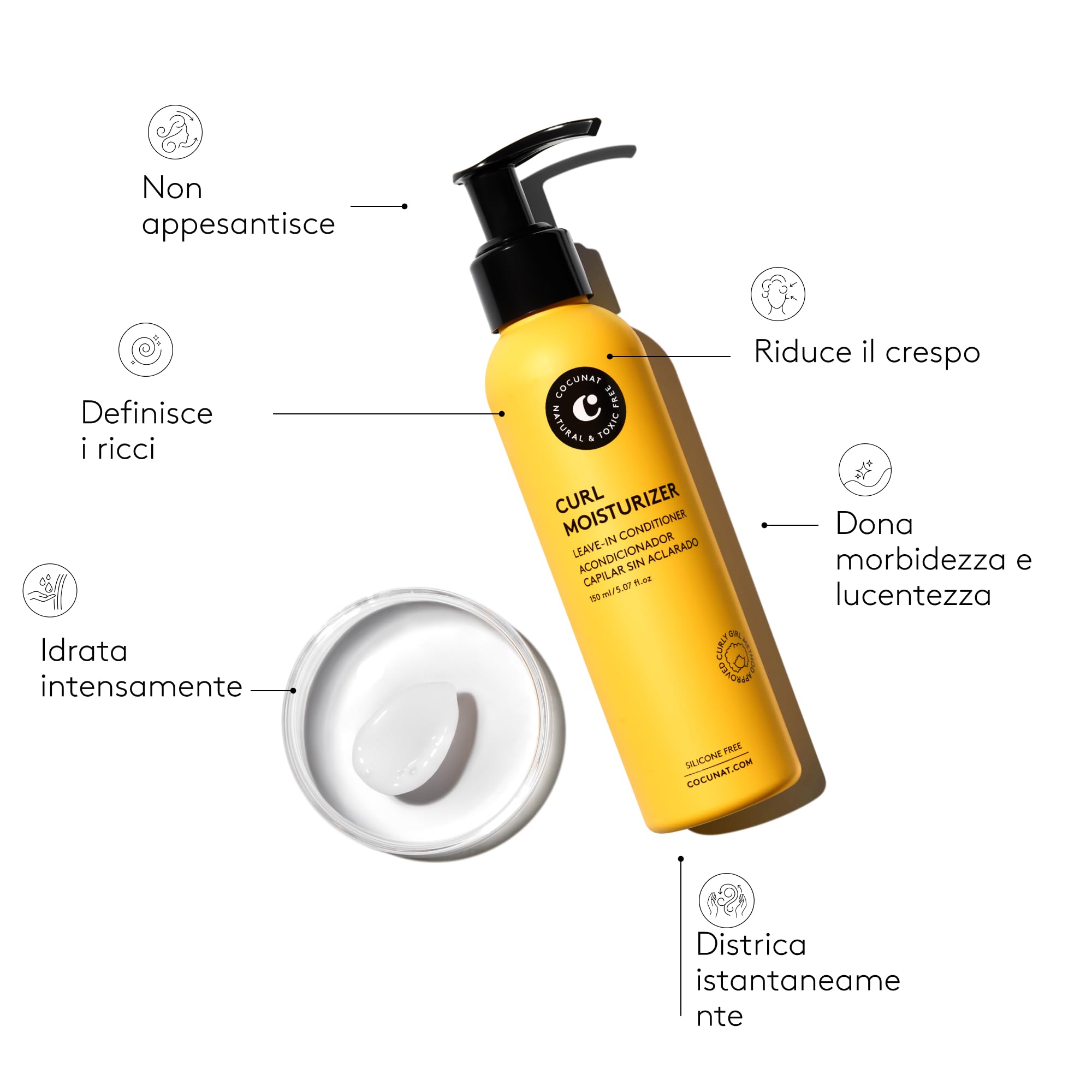 COCUNAT - Curl Moisturizer Leave-in - Districa, Definisce e Idrata i Ricci - Ricci Flessibili, Lucidi e Lisci - Metodo Curly - Crema per Acconciature - Elimina L'increspamento - 150 ml