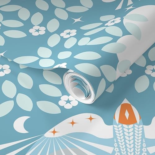 Miniatura 2 de Spoonflower Removable Wallpaper 9ft x 2ft - Blue Sky Folk Art Orange Aqua Maximalist Magic Lucid Dreaming Scandi Scandinavian Mystical Large Custom