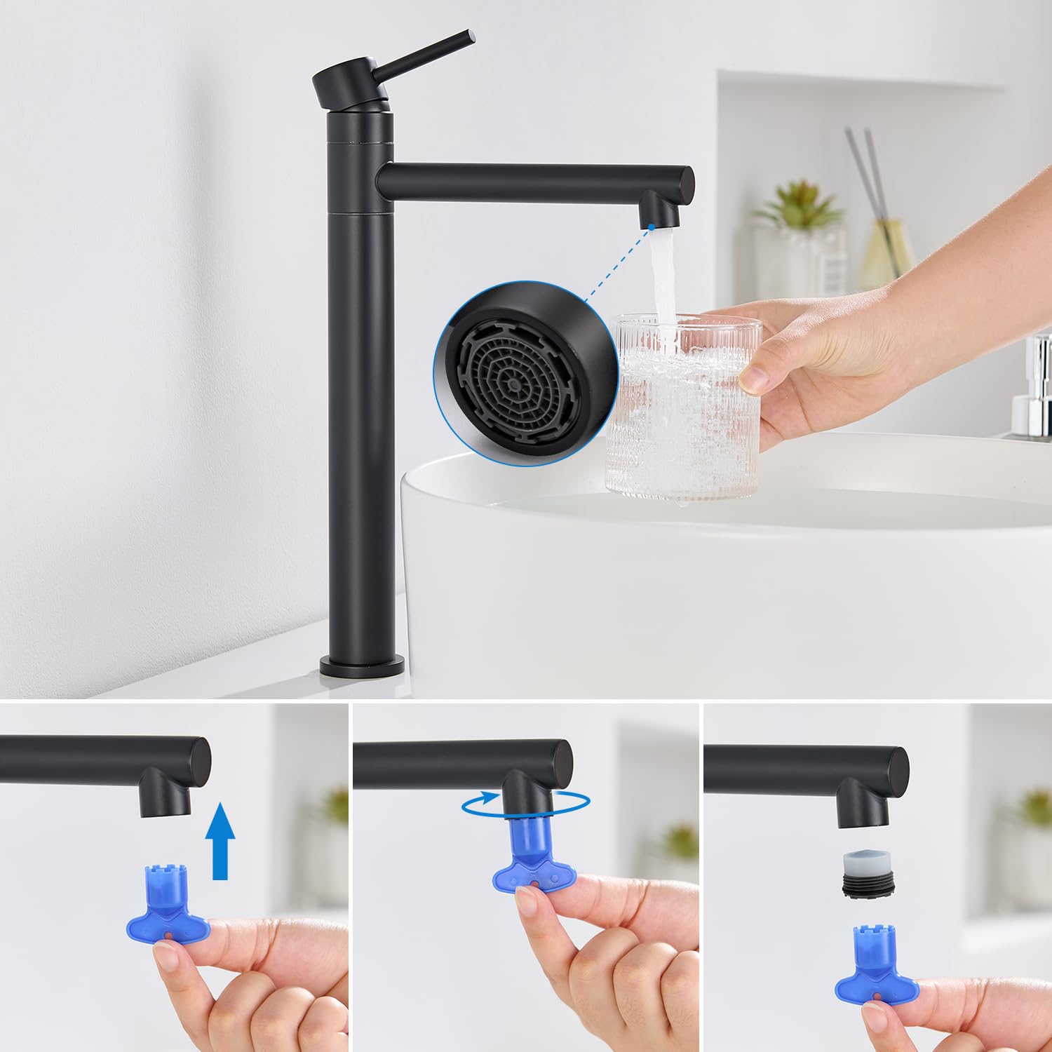 Robinet Salle de Bain, Mitigeur Lavabo Haut pour Vasque Pivotant à 360°, Mitigeur Vasque à Poser, Robinet Lave Main Acier Inox, Chaud et Froid Réglable, Noir Mat