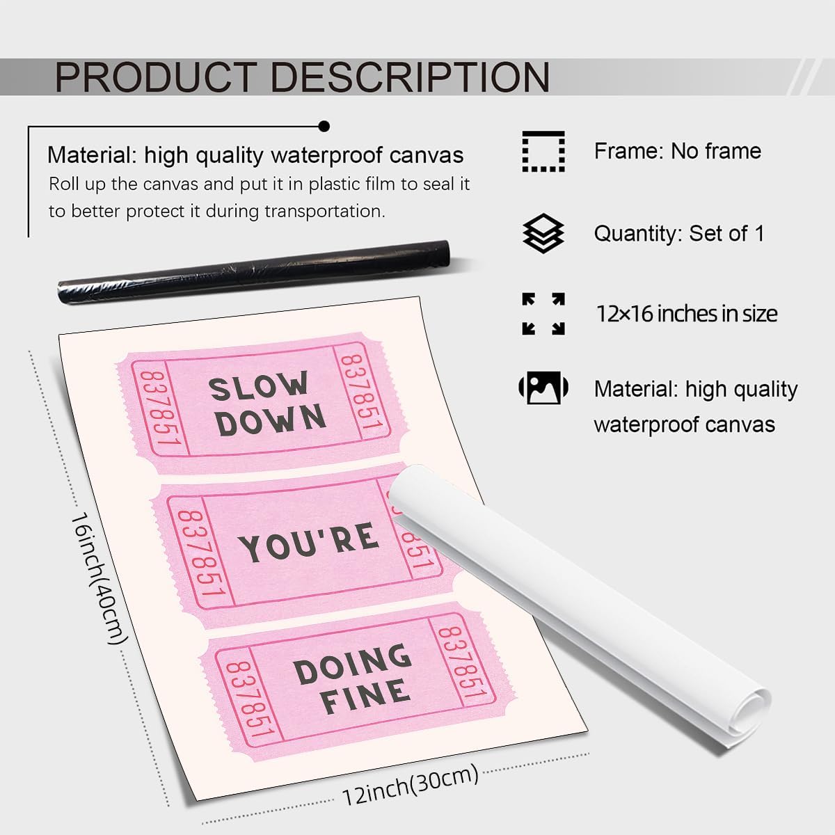 noxozoqm Slow Down You're Doing Fine Poster Pink Ticket Stub Quote Wall Art Daily Affirmations Positive Canvas Prints Living Room Bedroom 12X16 inch Unframed
