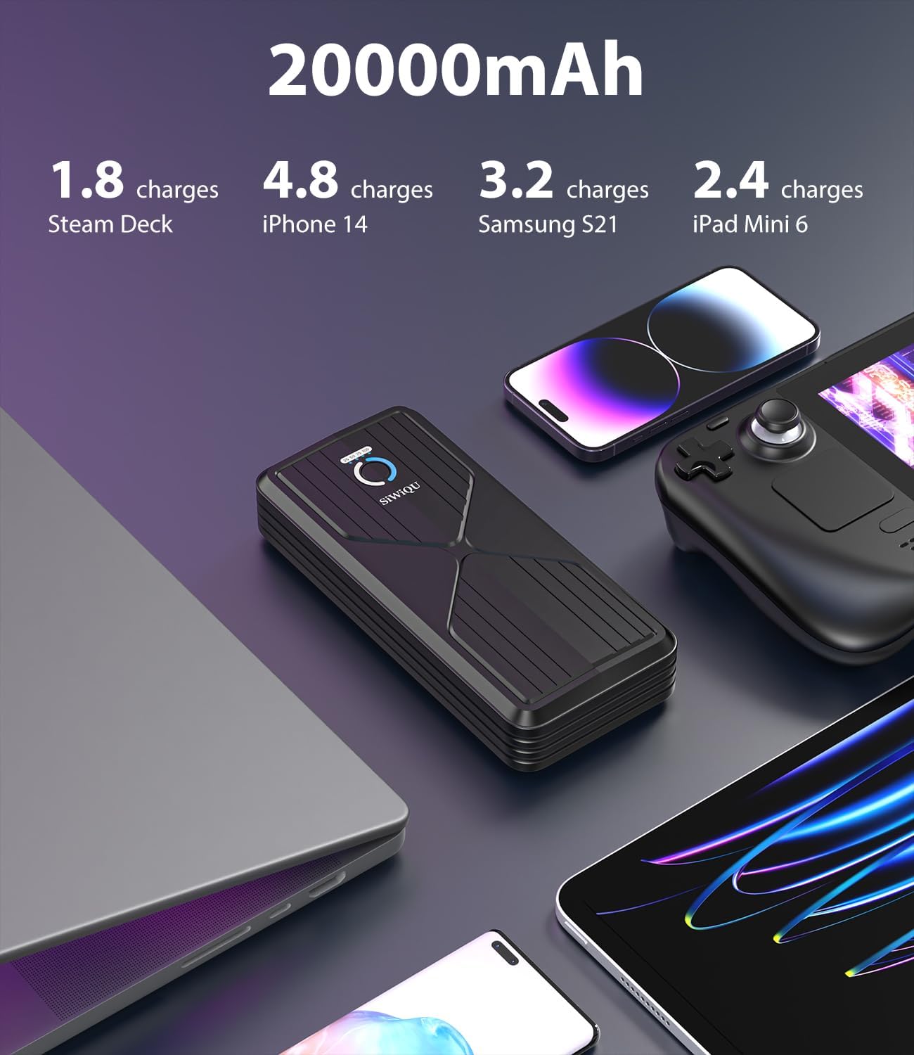 SIWIQU 20000mAh Power Bank per Steam Deck, 45W PD 3.0 Esterno Caricatore Portatile, batterie esterne compatibili con Switch/Samsung/iPad/Laptop con staffa posteriore staccabile e doppio cavo USB-C
