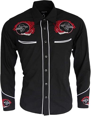 Relco Negro Motero Oeste Cowboy Vaquero Calavera Llama Bordada Camisa Hombre,