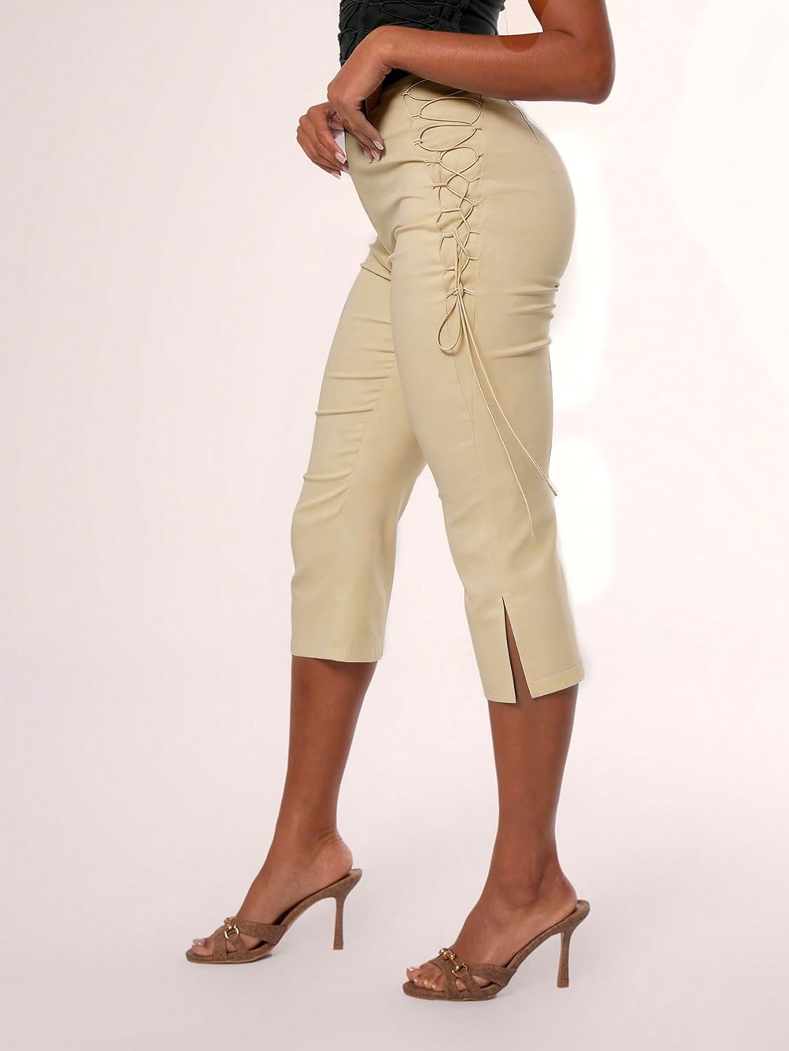 MakeMeChic Women's Going Out Capri Pants Sexy Y2K Lace Up Capri Pants High Waisted Skinny Stretchy Pants