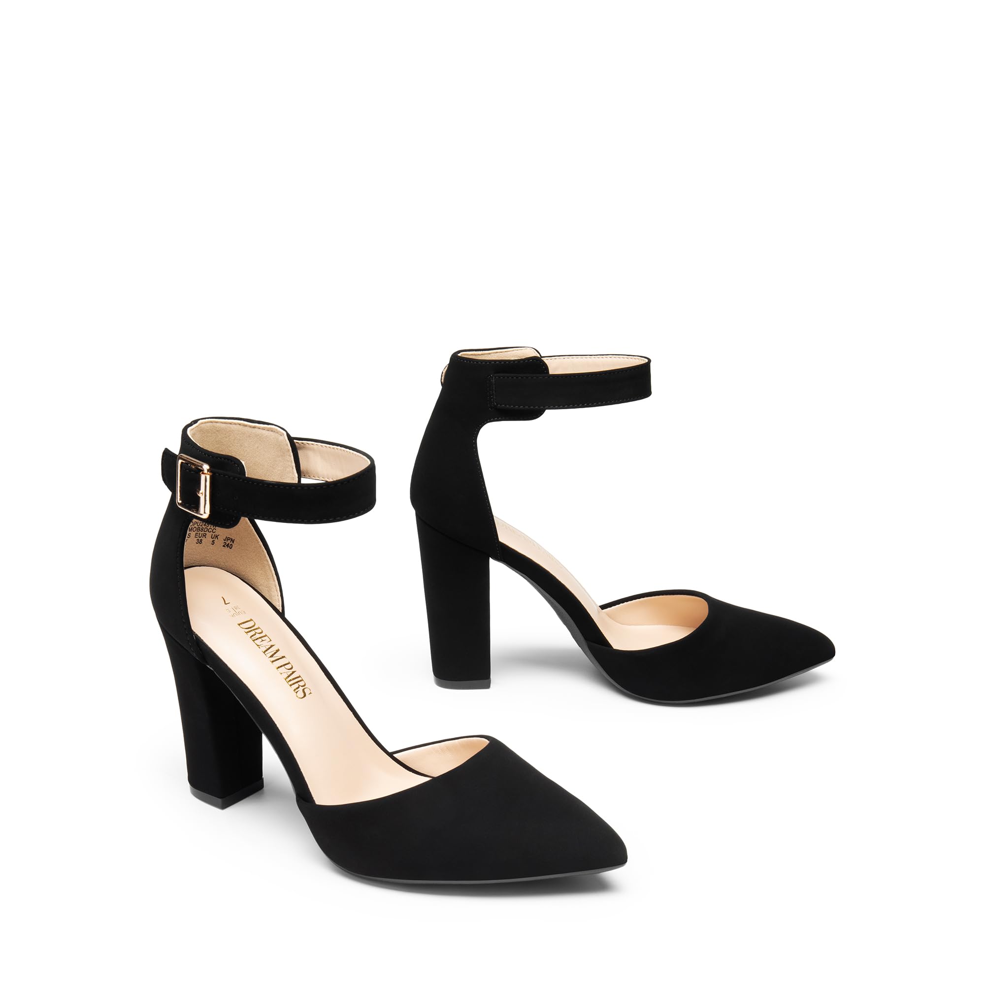DREAM PAIRS Zapatos de tacón alto grueso para mujer, con puntera cerrada, puntera puntiaguda, correa al tobillo, para bodas y fiestas