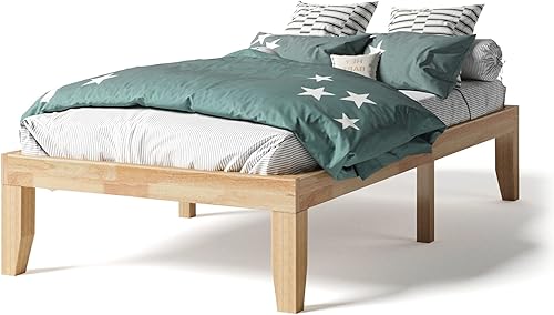 KOTEK Base de cama de plataforma de madera maciza de 14 pulgadas, base de colchón con soporte de listones de madera, base de cama de madera de goma,