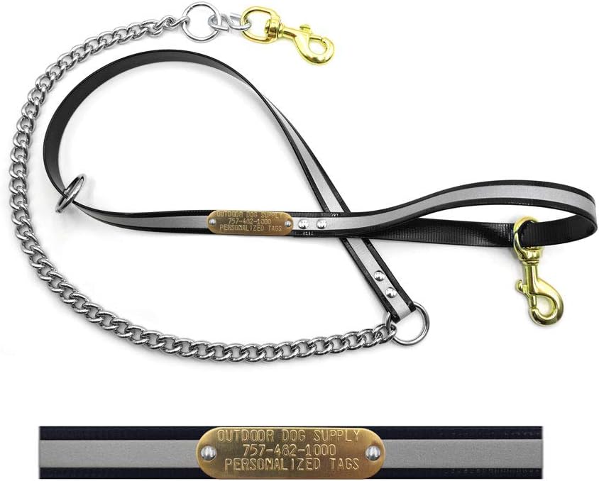 Personalized 5ft Heavy Duty Dog Leash with Custom 3/4" Brass Nameplate, Reflective Flat Lead with Chain, Durable for Medium & Large Dogs– Outdoor Dog Supply (Reflective Blue)