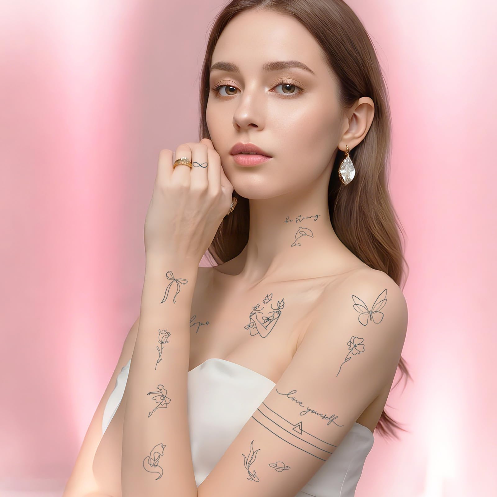 3 Bögen Temporäre Tattoos 2 Wochen Haltbar - Minimalistische Fake Tattoos mit One-Line-Art - Klebetattoos Erwachsene Langanhaltend - Fineline Tattoos zum Aufkleben für Männer & Frauen