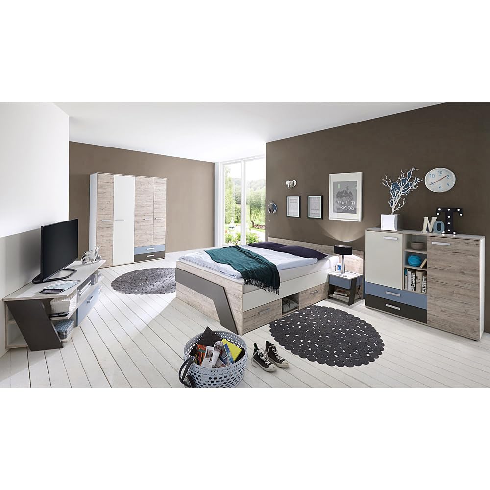 Lomadox Jugendzimmer Komplett Set Sandeiche weiß Lava blau 140x200 cm Kojenbett Kleiderschrank