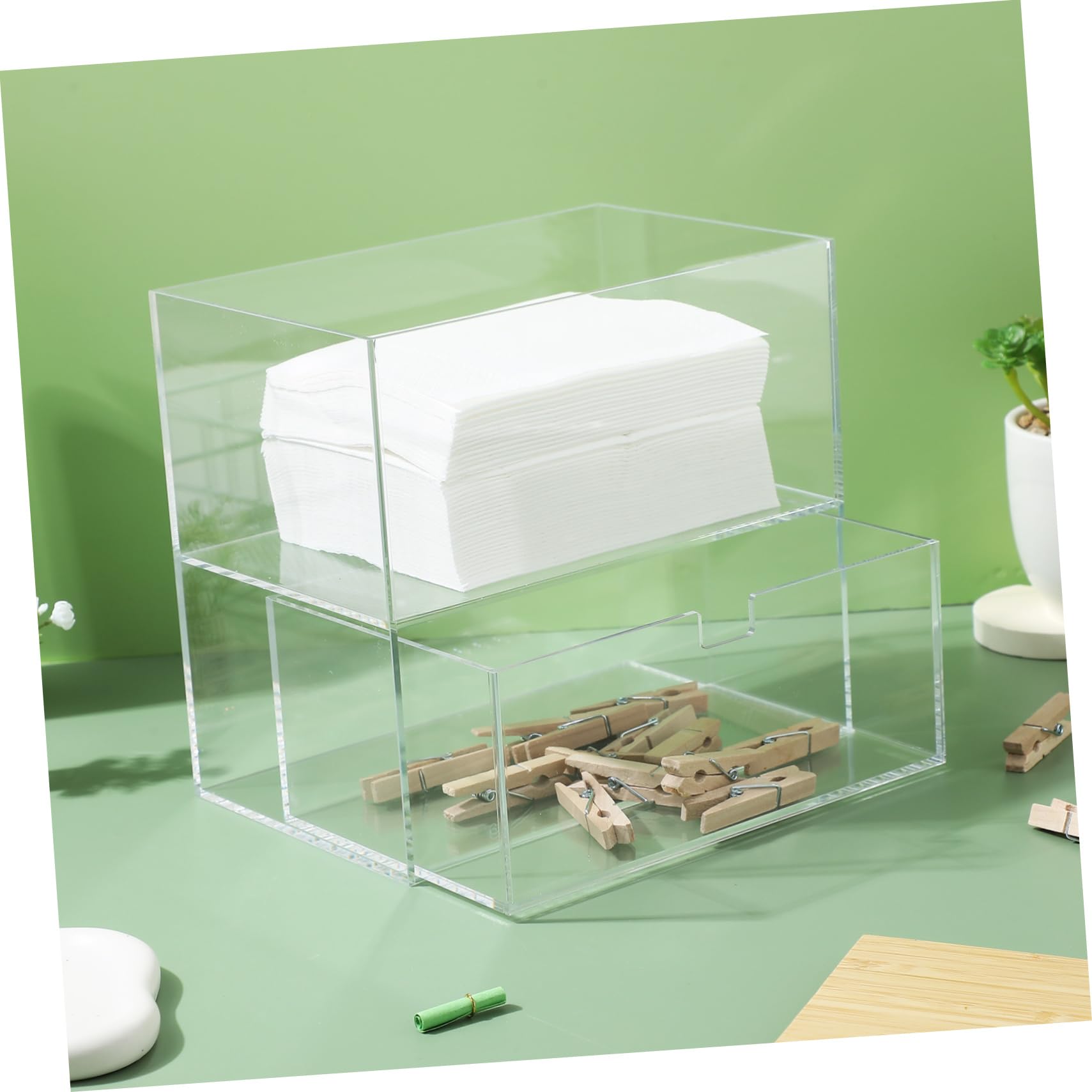 Aufbewahrungsbox mit Doppelter Aufteilung 175x115x165mm für Waschmittelkapseln aus Acryl mit Bambusdeckel 1 Schublade und Deckel Platzsparend für Waschküche
