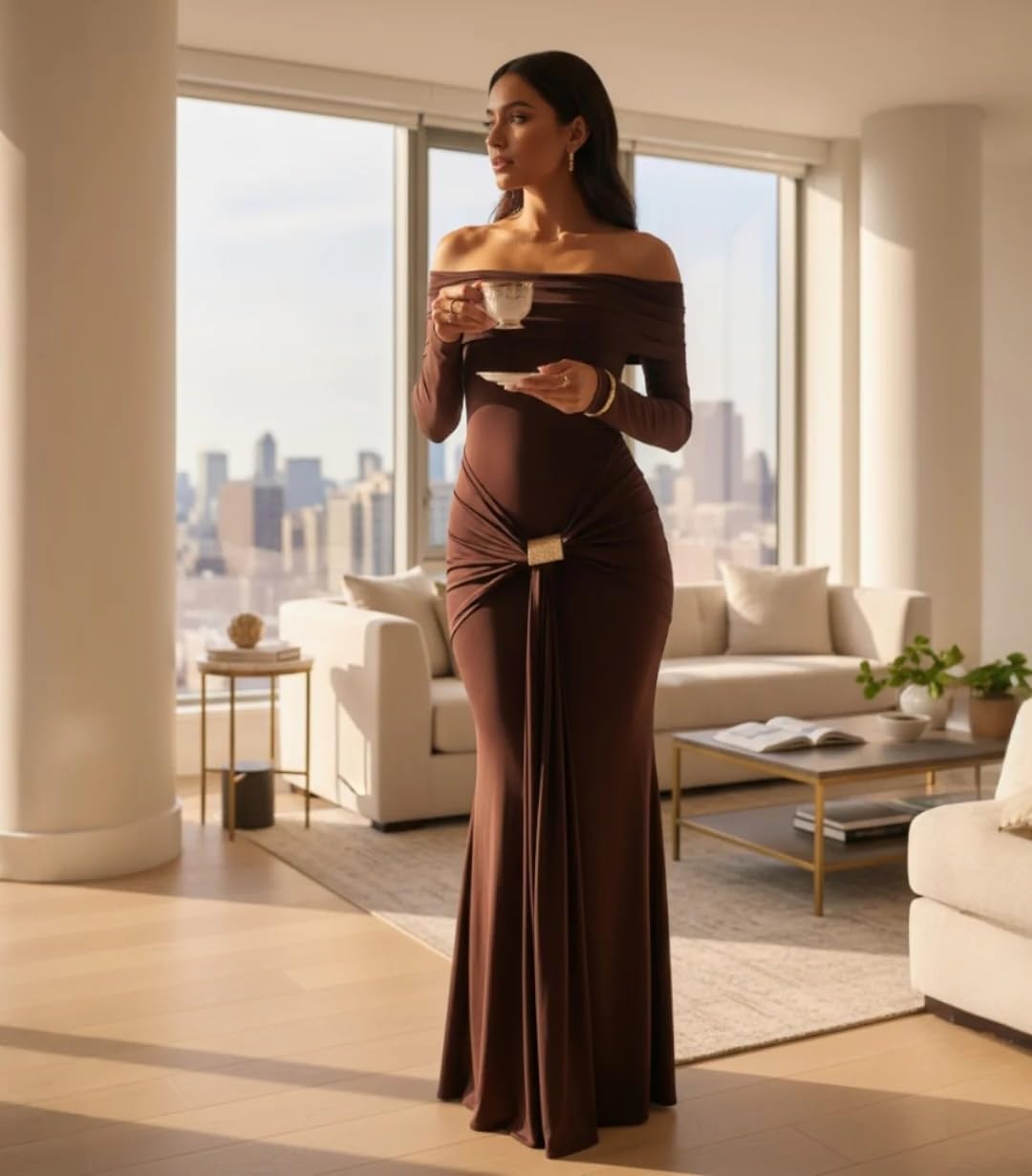 Women's Grace Maxi Dress Off Shoulder Long Sleeve Bodycon Elegant Solid Formal Gown for Wedding Guest - Image 5