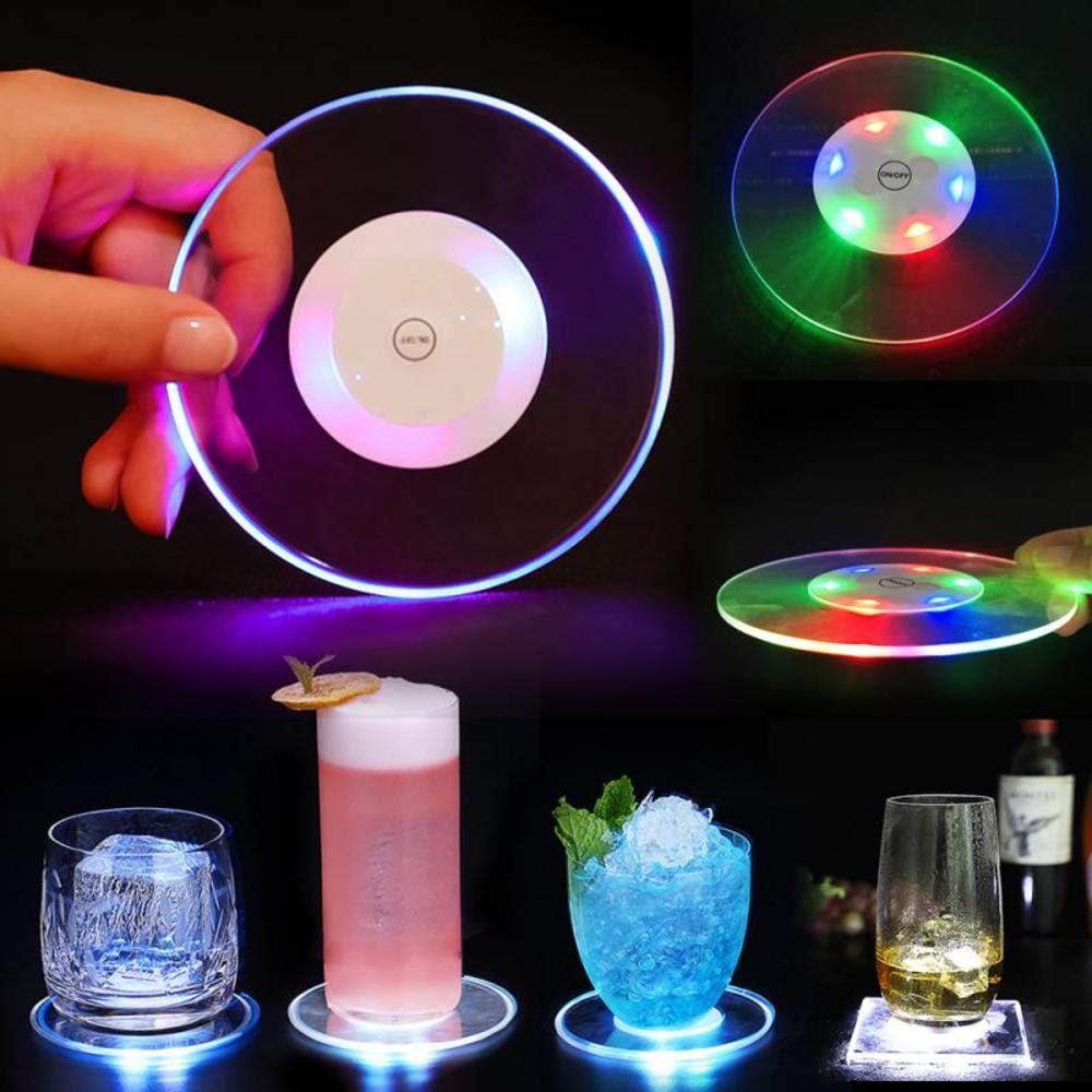 Funny Decor Cocktail Beer Champagne Drinks Bar Accessories 3.94 Inch Multi-colors Round Light Up LED Coaster Coffee Luminescent Cup Pad Party Wedding Housewarming Car Accessories Interior Home (C)