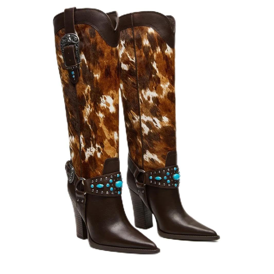 Huntarry Stylish Womens Knee-High Boots - Western Style Graphic Print Adjustable Strap All-Season Comfort